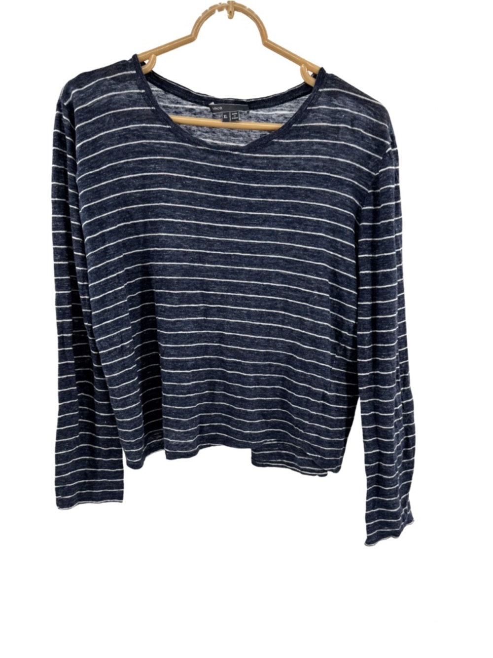 Vince 100% Linen Knit Top Heathered Navy Blue White Stripes Long Sleeves XL